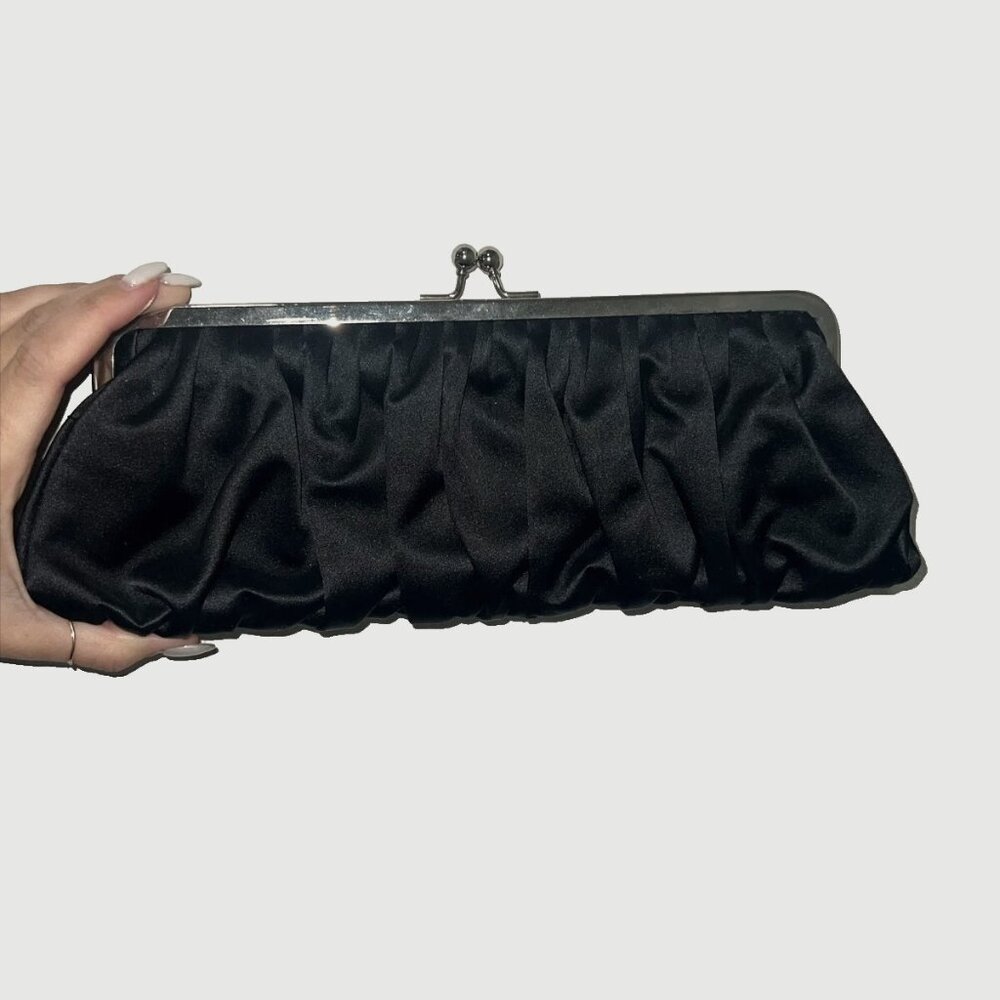 BCBG MaxAzria Black Pleated Satin Opera Clutch with chain